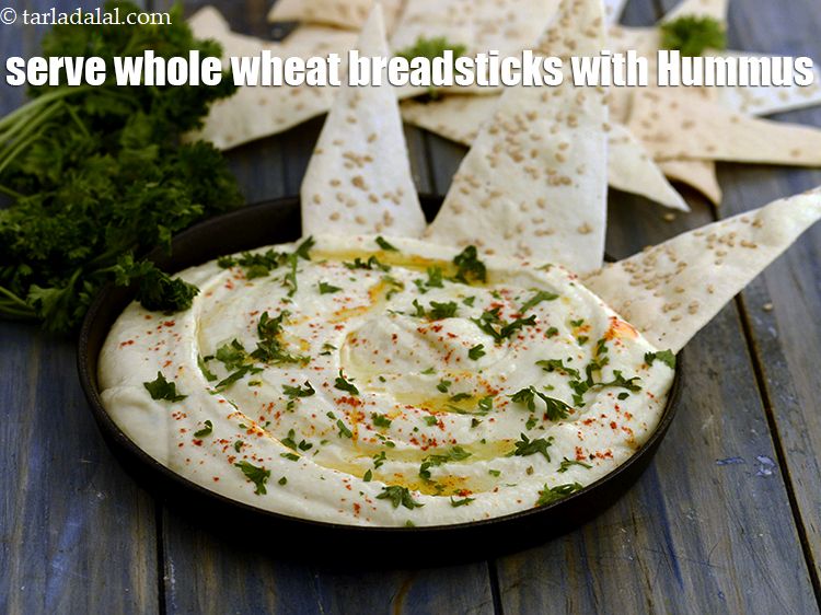 Step 33 – Serve <strong>whole wheat breadsticks </strong>with <a href="https://www.tarladalal.com/hummus-lebanese-dip-22719r" target="_blank">Hummus</a>.