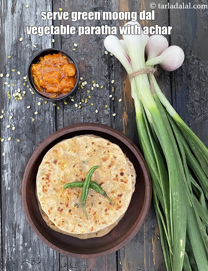 Step 48 – Serve <strong>green moong dal vegetable paratha&nbsp;</strong>with aam ka achar.