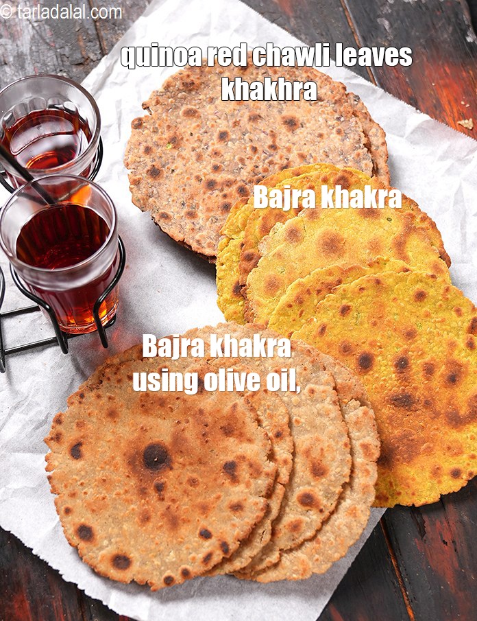 Step 33 – <strong>Collage of healthy khakhras. </strong>Image from top to bottom&nbsp;<strong><a href="https://www.tarladalal.com/quinoa-red-chawli-leaves-khakhra-42591r">quinoa red chawli leaves khakhra</a>,&nbsp;</strong><a href="https://www.tarladalal.com/bajra-khakhras-2941r">Bajra …