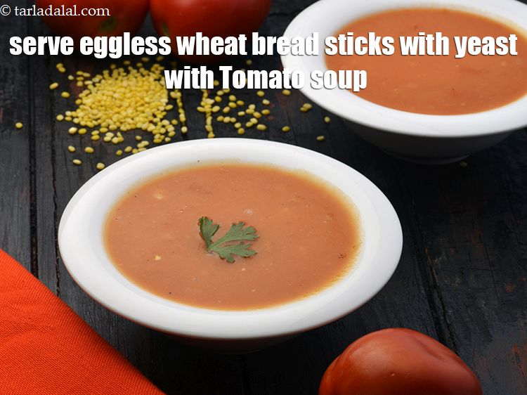 Step 35 – Serve <strong>eggless wheat bread sticks with yeast</strong> with <a href="https://www.tarladalal.com/tomato-soup-veg-tomato-soup-362r" target="_blank">Tomato soup.</a>