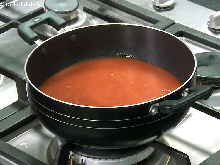 Step 17 – Transfer the tomato mixture into a deep non-stick pan.