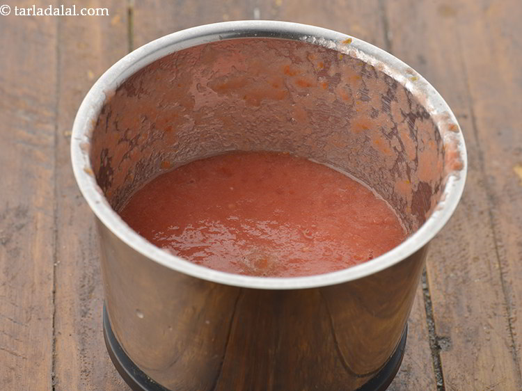 Step 21 – Blend to a smooth pulp. Keep aside. Always make use of red plump tomatoes to …