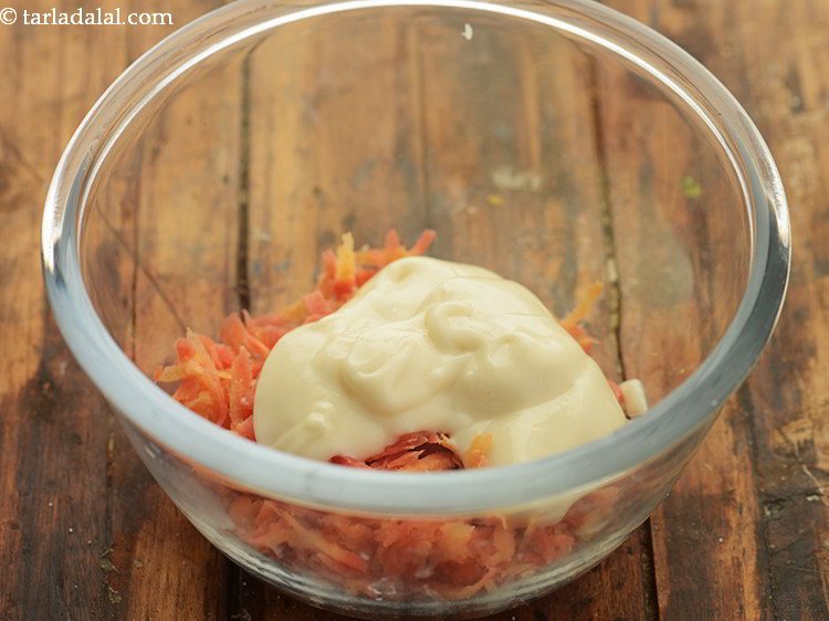 Step 7 – Add mayonnaise. We have used <a href="https://www.tarladalal.com/Eggless-Mayonnaise--Easy-Homemade-Mayonnaise-Recipe-3254r">homemade mayonnaise</a>.&nbsp;