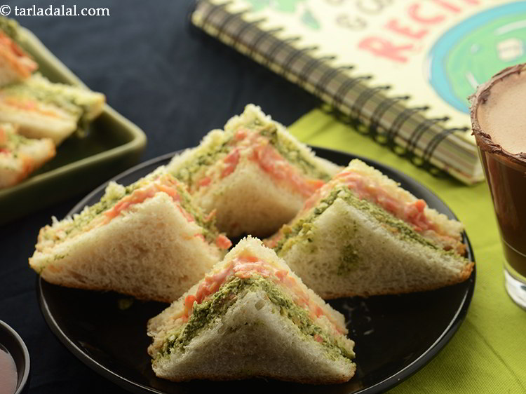 Step 15 – Cut&nbsp;<strong>tricolour&nbsp;sandwich | Indian &nbsp;tricolour&nbsp;sandwich |&nbsp;carrot paneer double layered sandwich |</strong>&nbsp;into pieces and serve immediately with …