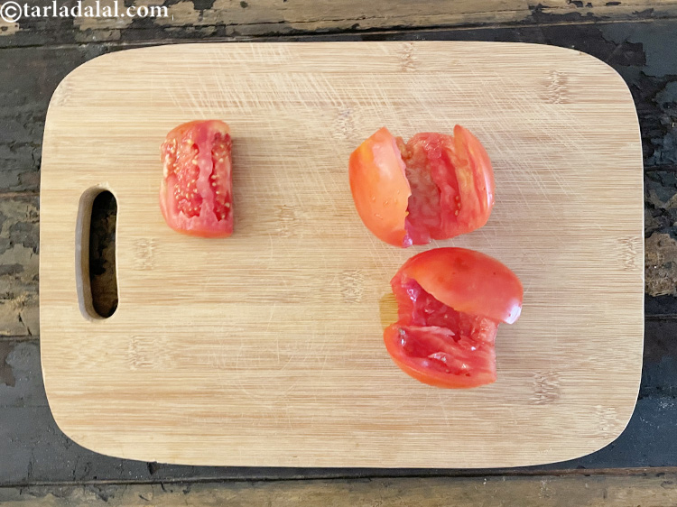 Step 3 – Cut the centre out of the tomatoes by peeling the skin off. The centre comtains …