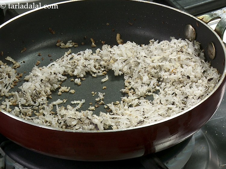 Step 6 – Saut&eacute; on a medium flame for 2 minutes or until the coconut is light brown.