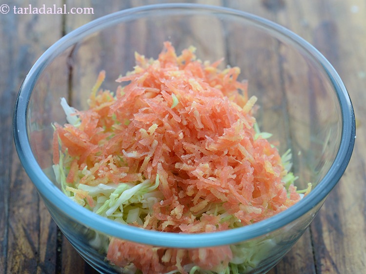 Step 3 – Add grated carrot. Other vegetables like sliced onions, capsicum can also be added to coleslaw)