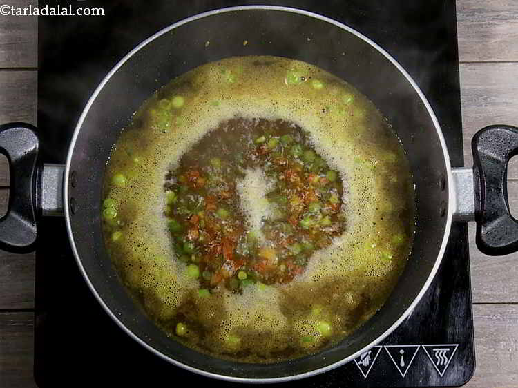 Step 6 – Add approximately 1 3/4 cup of water to the pan, mix well and bring it …