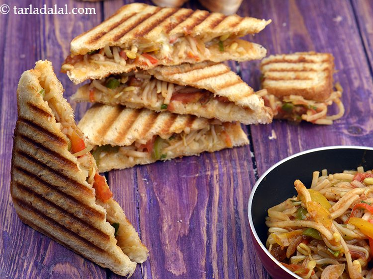 Step 32 – Serve v<strong>egetable noodle grilled sandwich recipe | noodles masala sandwich | cheesey masala noodle sandwich …