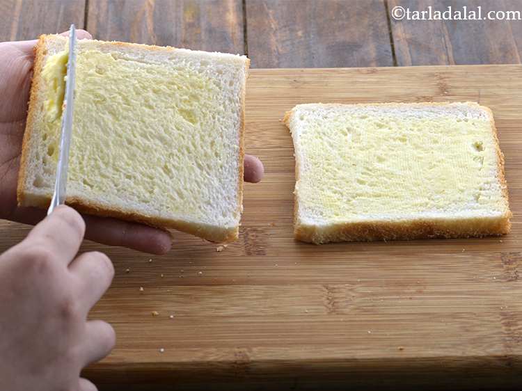 Step 21 – Trim off the edges of each bread slice using a sharp bread knife and apply …