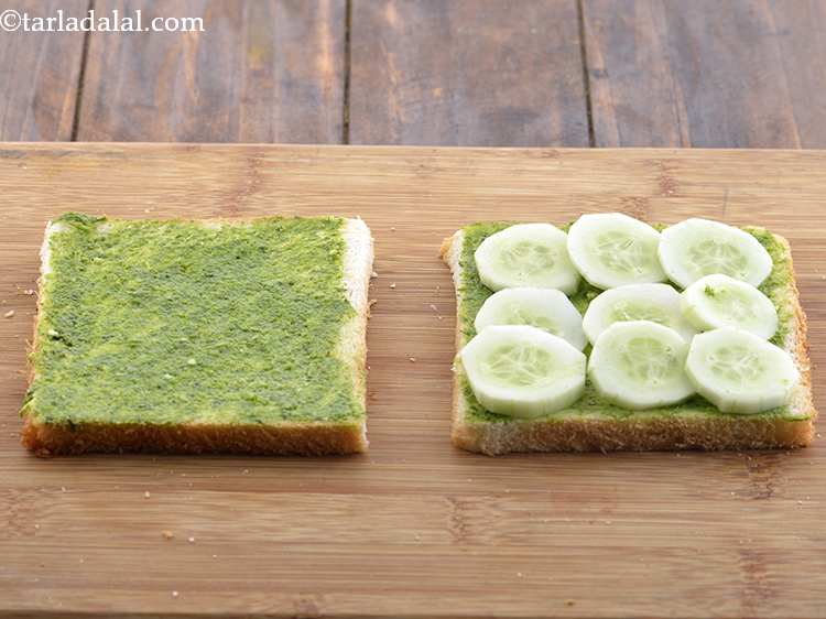 Step 23 – Arrange 5 cucumber slices on one buttered-chutney slice. We have added 9 as our bread …