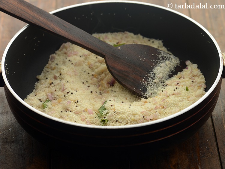 Step 11 – <p>Saute on a medium flame for 2-3 minutes or until you see the rava turning …