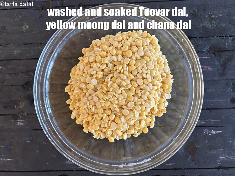 Step 12 – Keep aside. Washed and soaked toovar dal, yellow moong dal and chana dal.