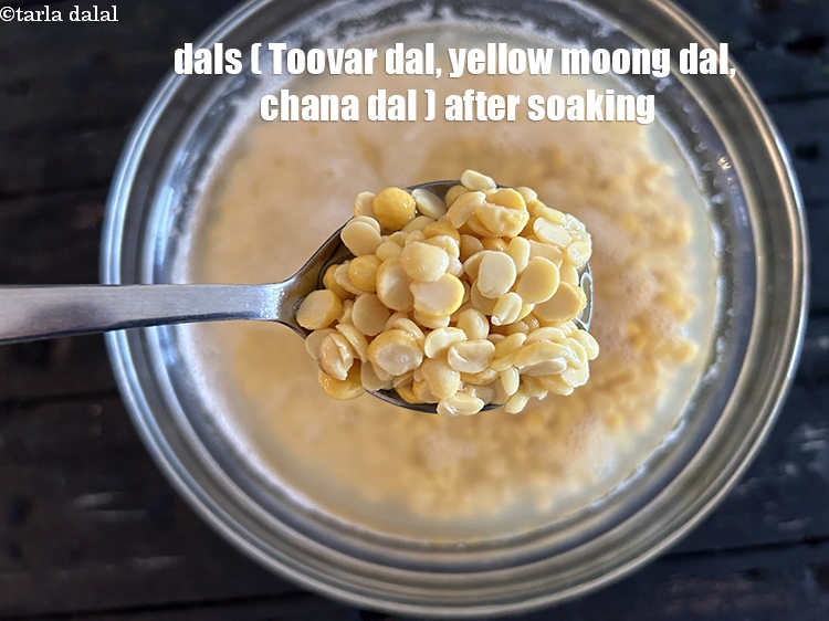 Step 10 – Dals (toovar dal, yellow moong dal, chana dal)&nbsp;&nbsp;after soaking.