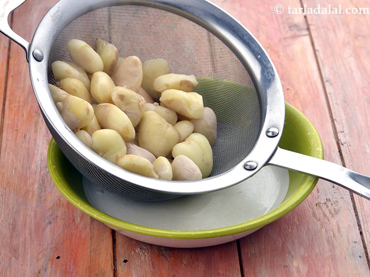 Step 11 – Drain well using a strainer and discard the water. Keep the blanched water chestnut aside.