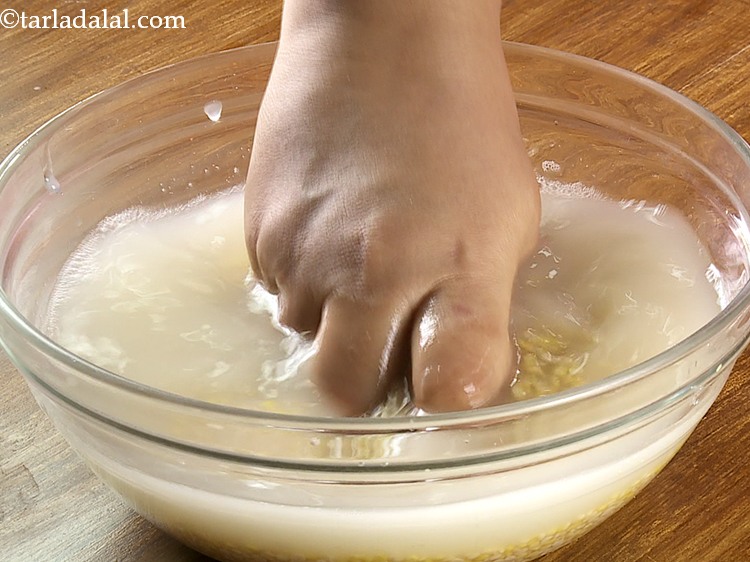 Step 4 – Rinse the yellow moong dal and urad dal under running water or in a bowl …