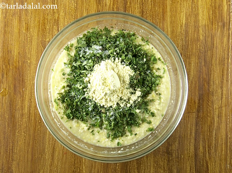 Step 22 – Add 2 tbsp of besan so as to make the batter of perfect dropping consistency.