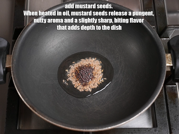 Step 5 – <p>Add ½ tsp mustard seeds. When heated in oil, mustard seeds release a pungent, nutty …
