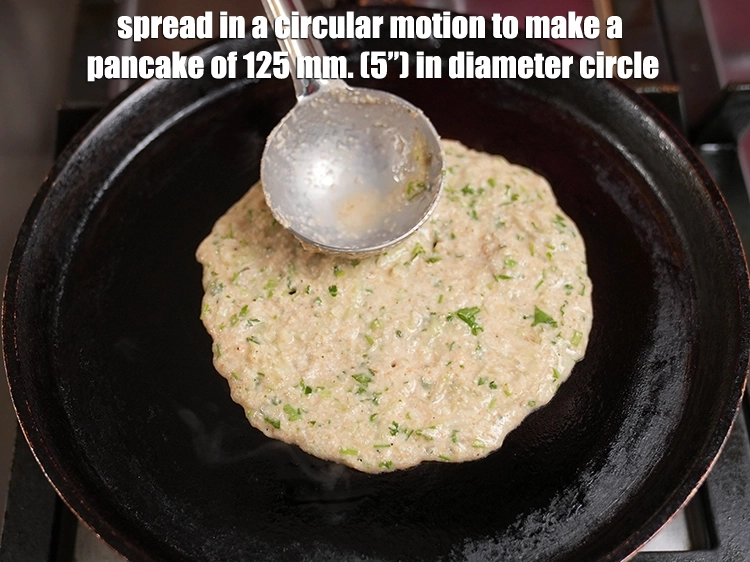 Step 11 – <p>Spread in a circular motion to make a pancake of 125 mm. (5”) in diameter …