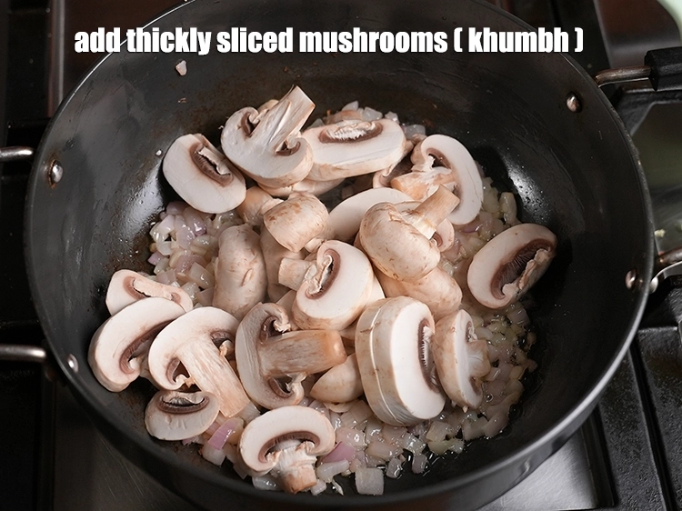 Step 5 – <p>Now add the thickly sliced button mushrooms to the pan. Button mushrooms, by their very …