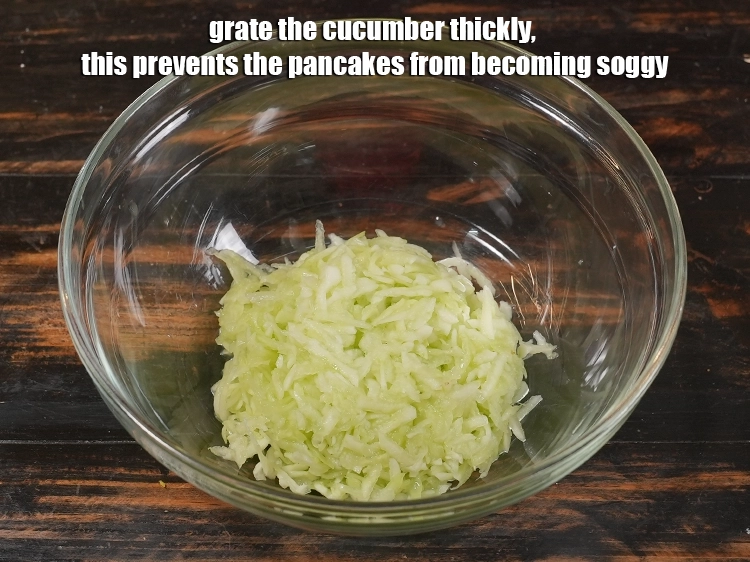 Step 15 – <p>Grate the cucumber thickly, this prevents the pancakes from becoming soggy.</p>