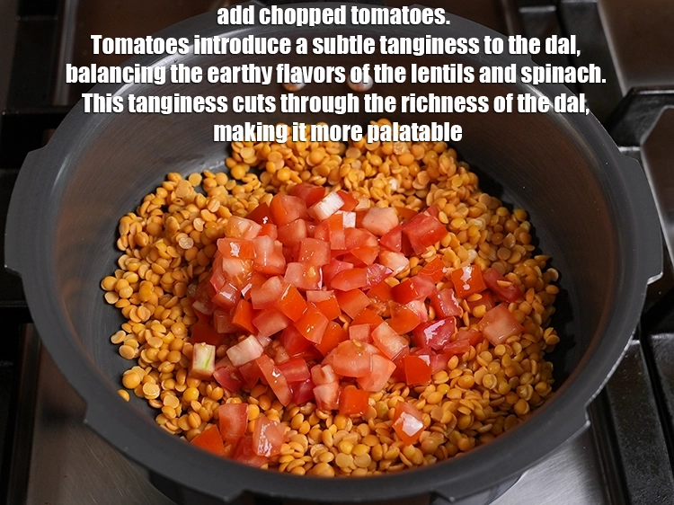 Step 4 – <p>Add ½ cup chopped tomatoes. &nbsp;Tomatoes introduce a subtle tanginess to the dal, balancing the …