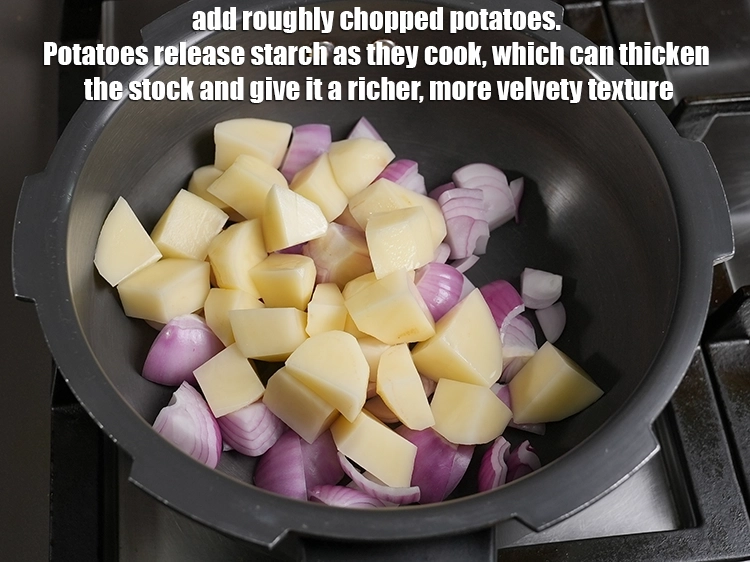 Step 2 – <p>Add 1 cup roughly <a href="https://www.tarladalal.in/glossary-potatoes-aloo-alu-batata-710i#ing_2367"><u>chopped potatoes</u></a>. Potatoes release starch as they cook, which can …