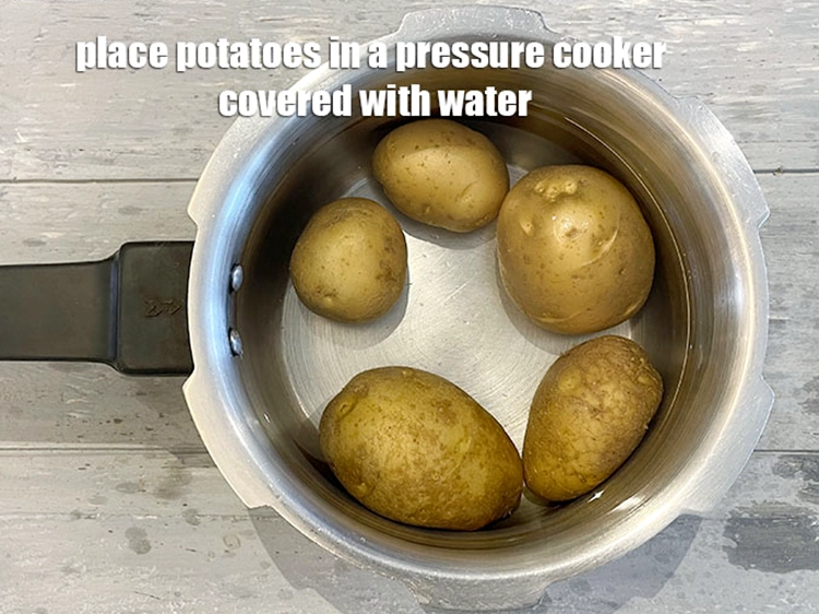 Step 11 – <p>Place potatoes in a flat dish in a pressure cooker covered with water.</p>
