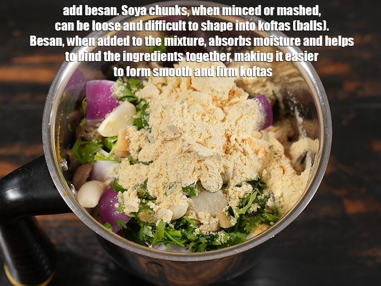 Step 17 – <p>Add 1/4 cup besan. Soya chunks, when minced or mashed, can be loose and difficult …