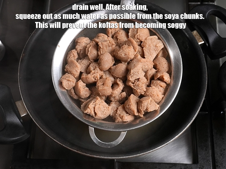 Step 8 – <p>Drain well. After soaking, squeeze out as much water as possible from the soya chunks. …