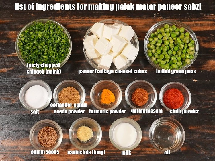 Step 2 – <p><i><u>See the below image of list of ingredients for making palak matar paneer sabzi.</u></i></p>