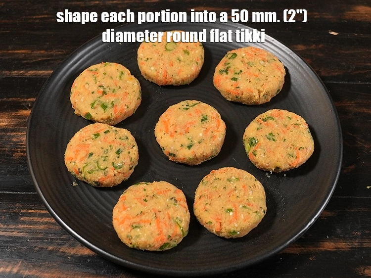 Step 22 – <p>Shape each portion into a 50 mm. (2") diameter round flat tikki.</p>