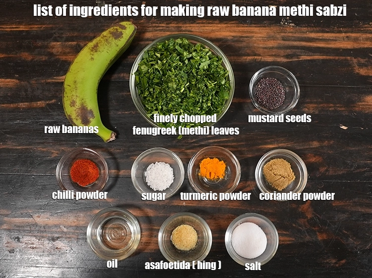Step 2 – <p><i><u>See the below image of list of ingredients for making raw banana methi sabzi.</u></i><br>&nbsp;</p>