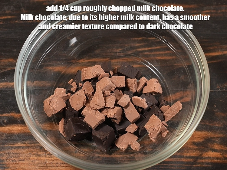 Step 17 – <p style="margin-left:0px;">Add 1/4 cup roughly <a href="/glossary-milk-chocolate-328i#ing_3383"><u>chopped milk chocolate</u></a>. <span style="color:rgb(0,0,0);">Milk chocolate, due to its …
