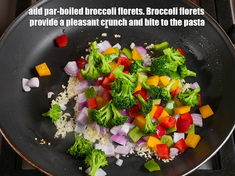 Step 6 – <p>Add ½ cup <a href="https://www.tarladalal.in/glossary-broccoli-232i#ing_2325"><u>blanched broccoli florets</u></a>. Broccoli florets provide a pleasant crunch and bite …