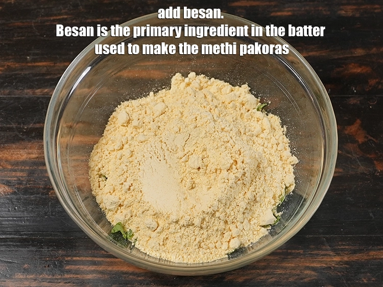 Step 2 – <p>Add 1 cup <a href="https://www.tarladalal.in/glossary-besan-chana-dal-flour-bengal-gram-flour-952i"><u>besan (Bengal gram flour)</u></a>. Besan is the primary ingredient in the …