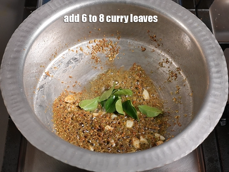 Step 34 – <p><span style="background-color:rgb(255,255,255);color:rgb(0,0,0);">Add 6 to 8 </span><a href="https://www.tarladalal.in/glossary-curry-leaves-kadi-patta-kadipatta-388i"><u>curry leaves (kadi patta)</u></a>.</p>
