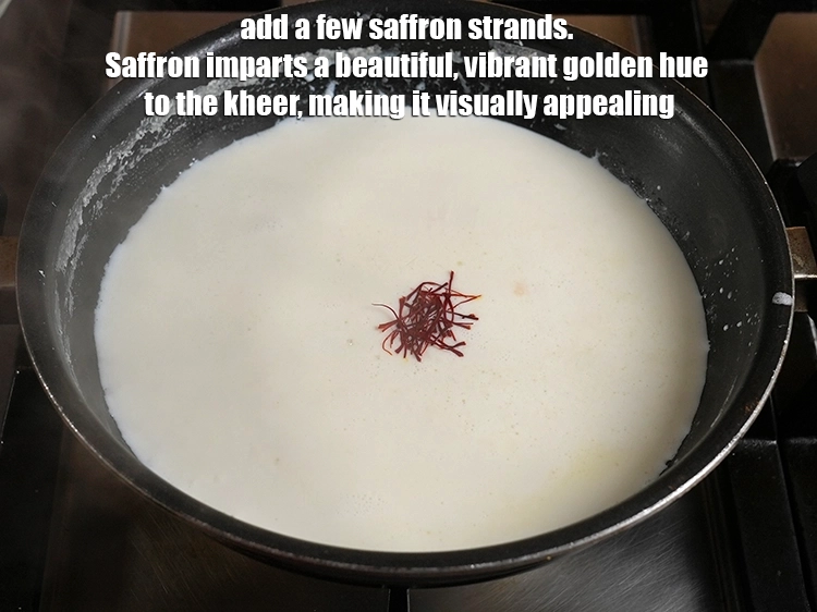 Step 9 – <p>Add a few <a href="https://www.tarladalal.in/glossary-saffron-kesar-520i"><u>saffron (kesar) strands</u></a>. Saffron imparts a beautiful, vibrant golden hue to …