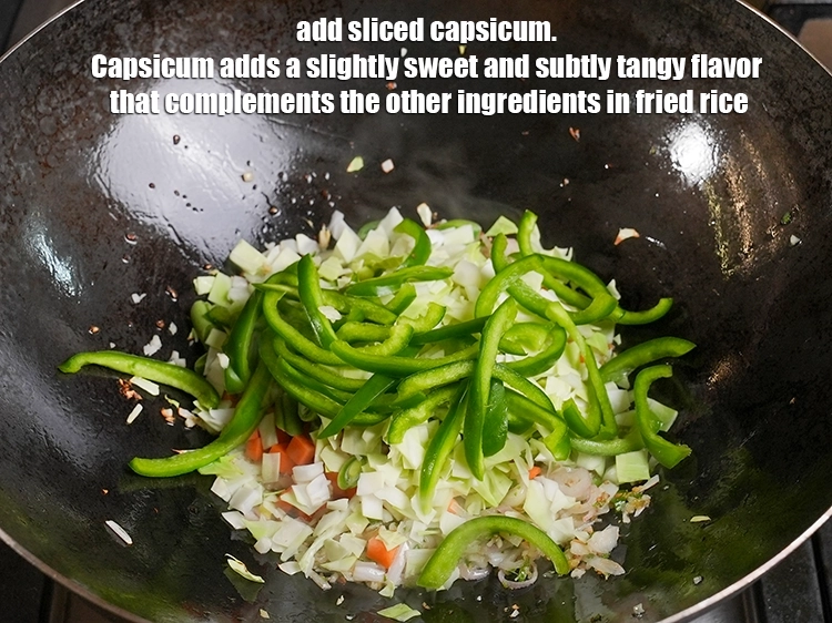 Step 10 – <p>Add ½ cup <a href="https://www.tarladalal.in/glossary-capsicum-shimla-mirch-bell-pepper-163i#ing_2312"><u>sliced capsicum</u></a>. Capsicum adds a slightly sweet and subtly tangy flavor …