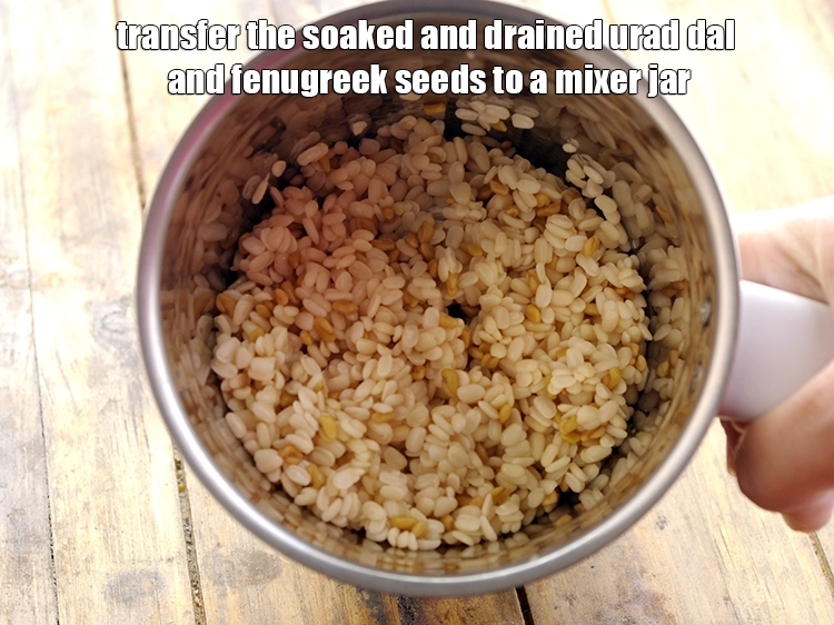 Step 25 – <p>Transfer the soaked and drained urad dal and fenugreek seeds to a mixer jar.</p>