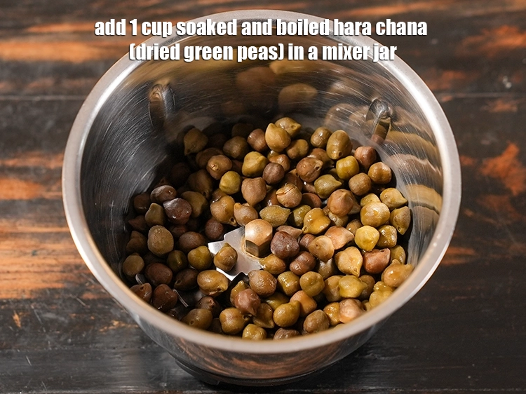 Step 19 – <p>For the<strong> hara chana mixture</strong>, add 1 cup&nbsp;soaked and&nbsp;<a href="https://www.tarladalal.com/glossary-boiled-hara-chana-1422i">boiled hara chana (dried green peas)</a> …