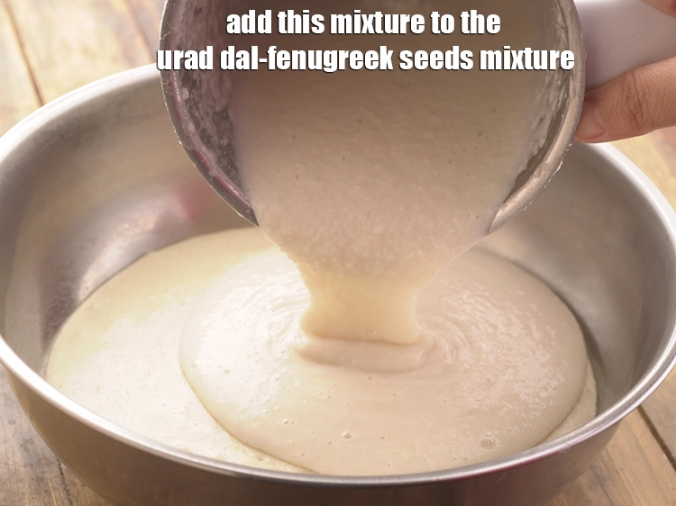 Step 32 – <p><span style="background-color:rgb(255,255,255);color:rgb(0,0,0);">Add this mixture to the urad dal-fenugreek seeds mixture. Open the mixer jar once …