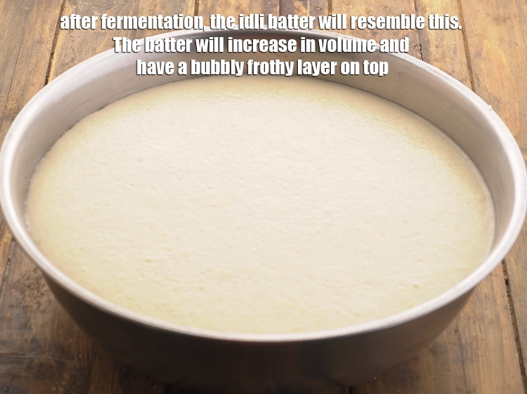 Step 53 – <p><span style="background-color:rgb(255,255,255);color:rgb(0,0,0);">After fermentation, the idli batter will resemble this. The batter will increase in volume …