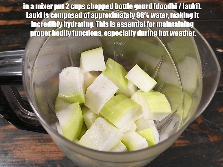 Step 3 – <p>In a mixer put 2 cups <a href="/glossary-bottle-gourd-lauki-doodhi-ghiya-252i#ing_2318"><u>chopped bottle gourd (doodhi / lauki)</u></a><u>.</u> <span style="color:rgb(0,0,0);">Lauki …