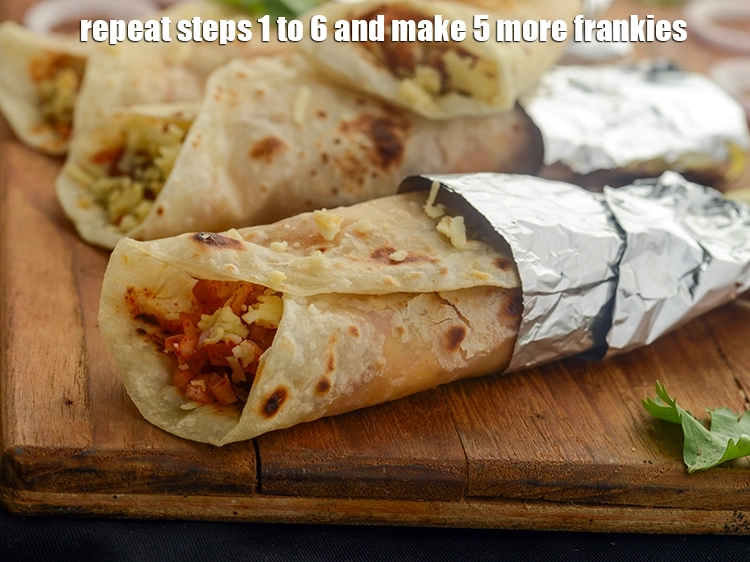 Step 45 – <p>Repeat steps 1 to 6 and make 5 more aloo cheese frankies.</p>