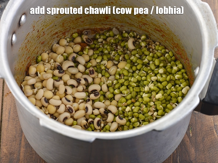 Step 23 – <p>Add the chawli sprouts. This can be avoided if you wish but Maharashtrians use all …