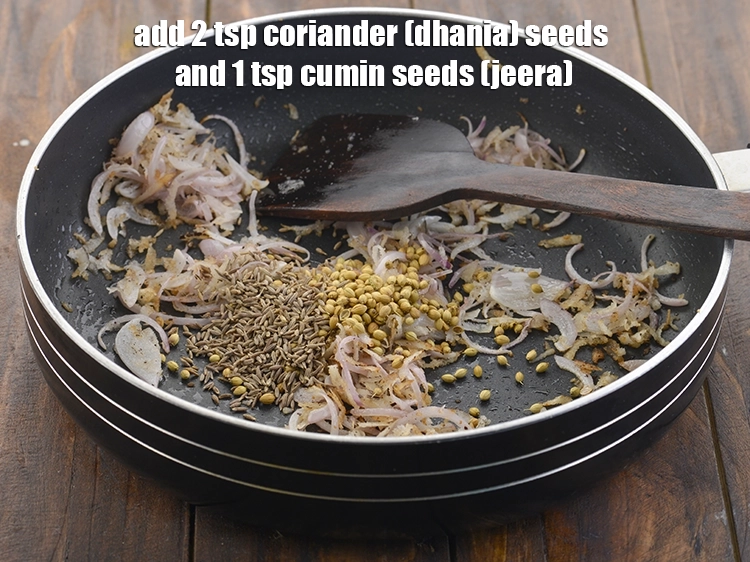 Step 4 – <p>Add the coriander seeds and cumin seeds. These are an essential for any maharashtrian masala …