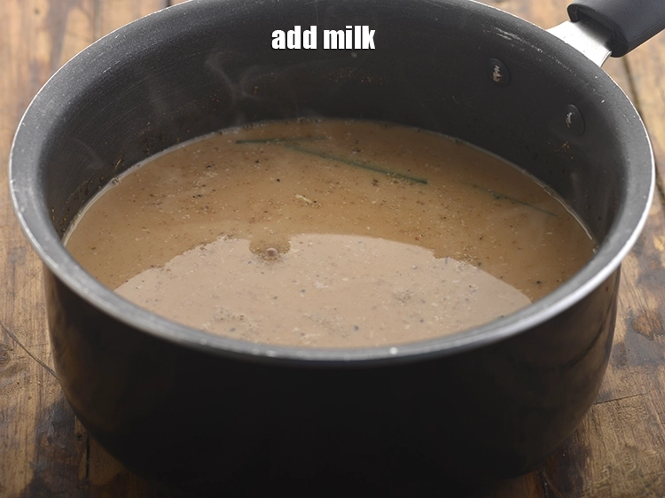 Step 9 – <p>Add the milk. Some people prefer a milky tea, while some like less milk, so …