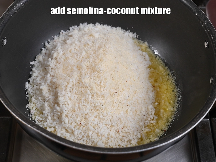 Step 10 – <p><span style="background-color:rgb(255,255,255);color:rgb(0,0,0);">Add the semolina-coconut mixture.</span></p>