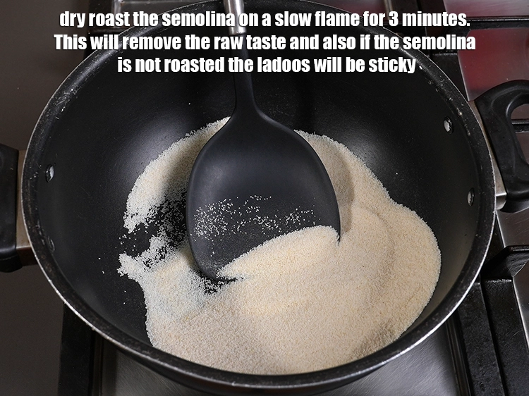 Step 2 – <p>Then dry roast the semolina on a slow flame for 3 minutes. This will remove …
